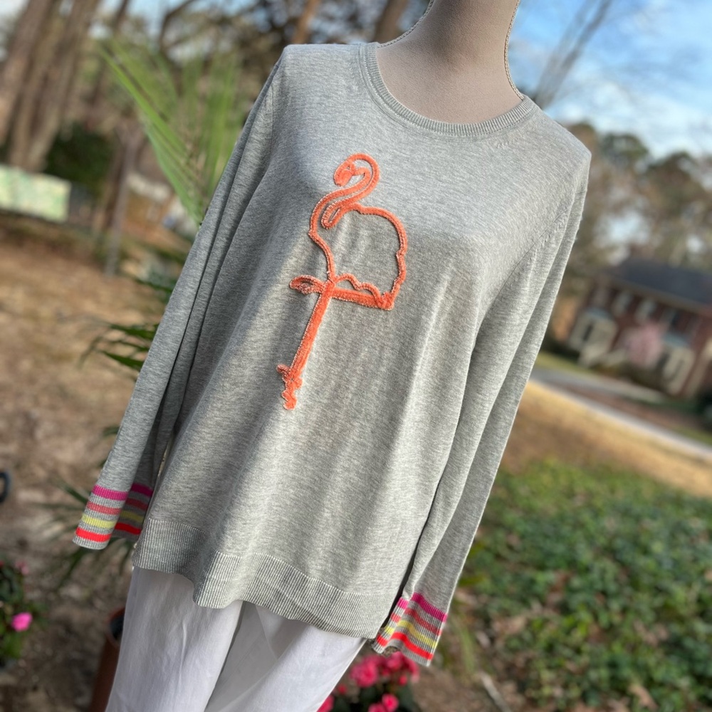 Lisa Todd Neiman Marcus ✨ Flamingo Spring SweaterTop, Grey + Orange, Size 1X